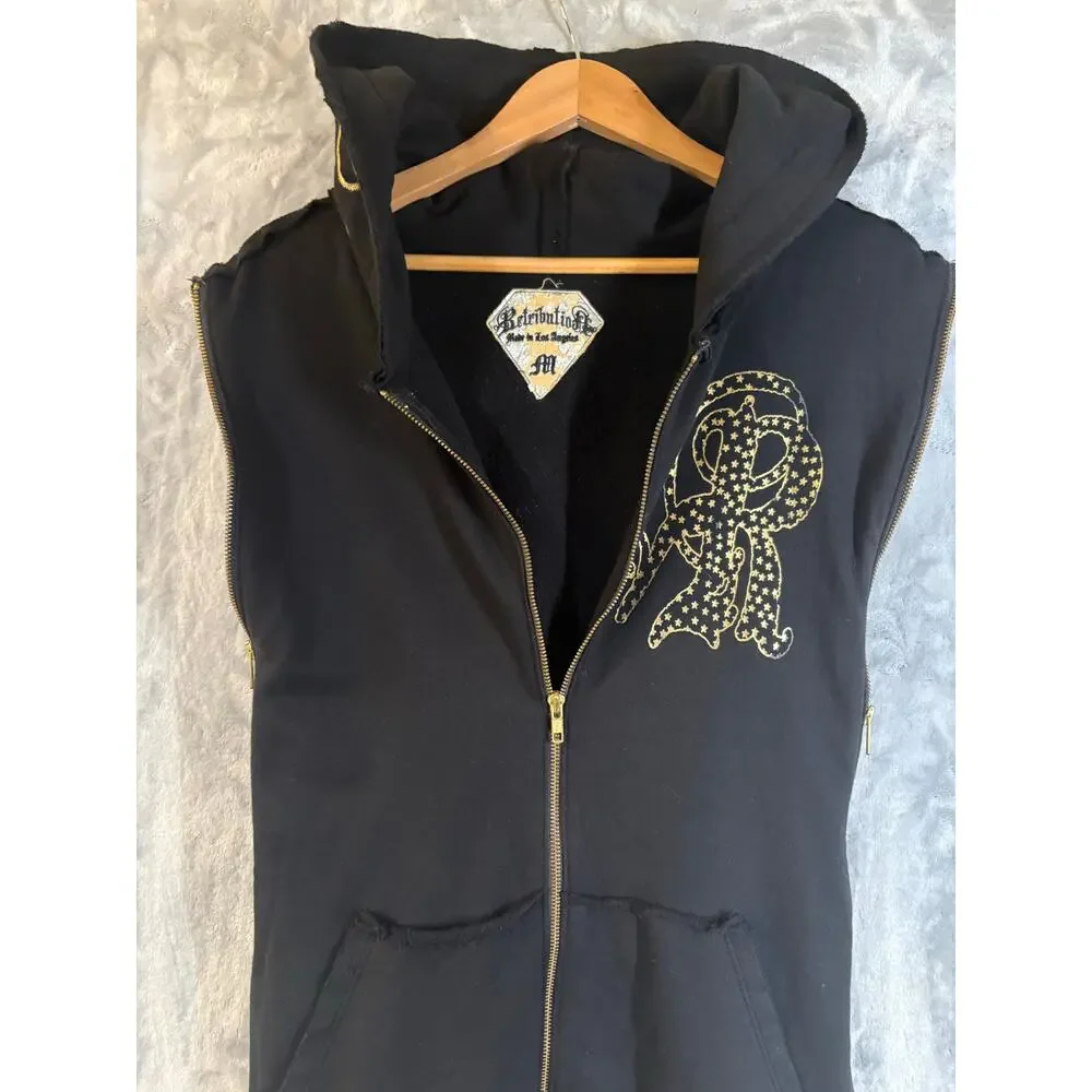 Vintage Y2K Men's Retribution Sleeveless‎ Full Zip Hoodie M Gold Rocker Glam